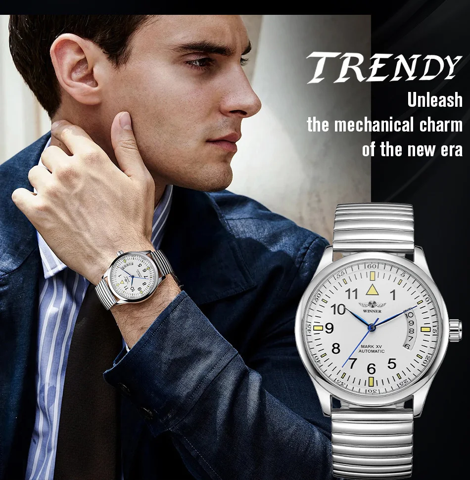 T-WINNER New Design Stainless Steel Spring Bracelet Luxury Man Watch Calendar Automatic Mechanical Luminous Minimalist Men Watch