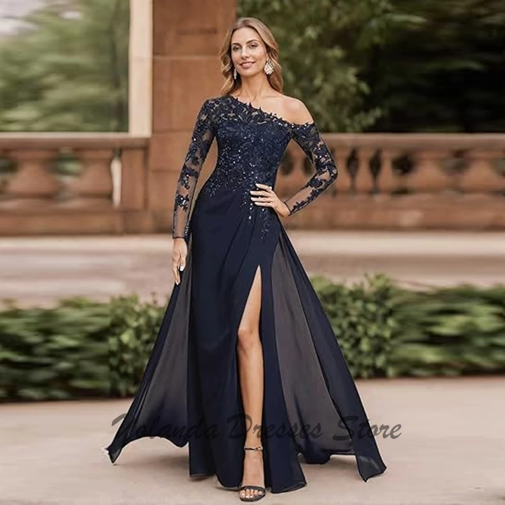 Customized Full Sleeves Mother of The Bride Dresses Side Slit Formal Evening Gown Applique Lace Up Wedding Guest Dress Illusion