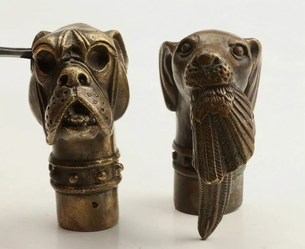 2 Unique Bronze Statue Dog Bird Cane Walking Stick Head Handle Accessorie