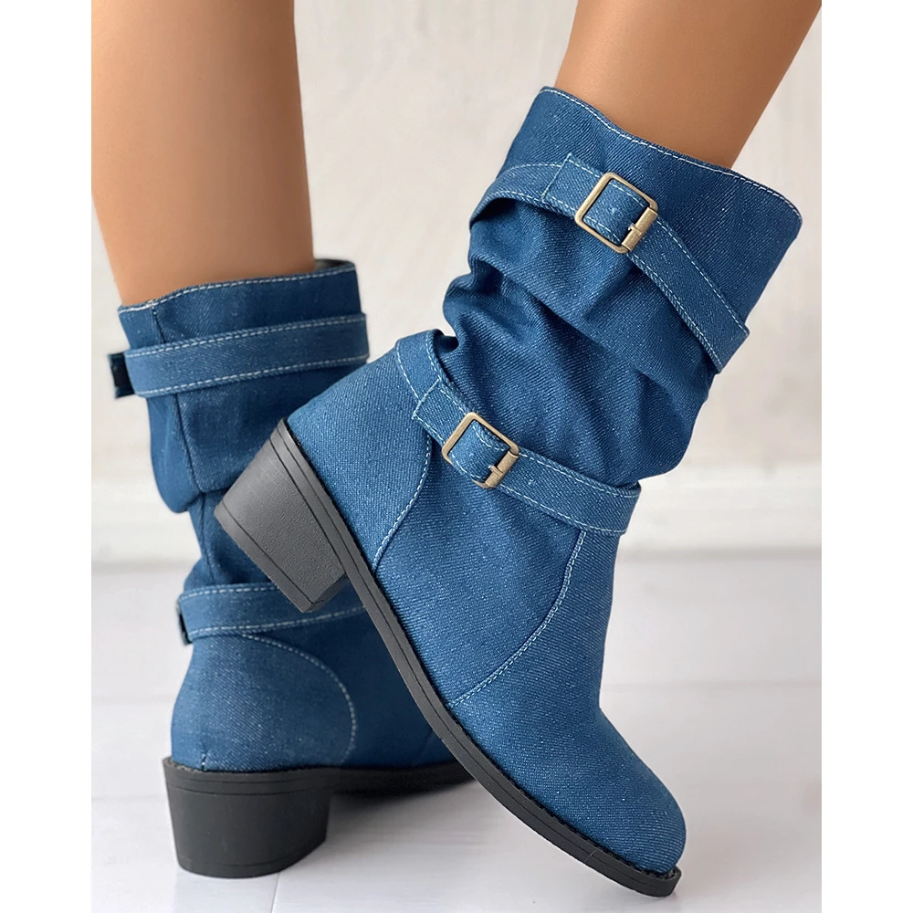 2024 Fashion Women Denim Round Toe Turkey Boots Femme Buckle Decor Midi High Ankle Boots Party Workwear Party Shoes Korean