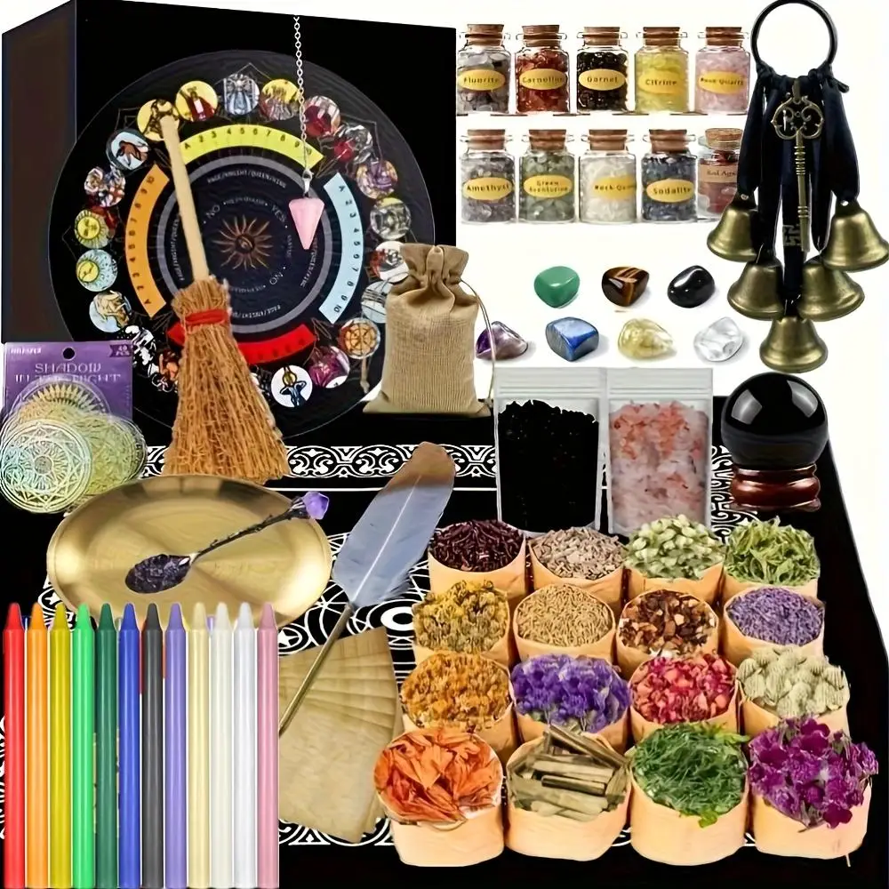 109Pcs All-In-One Witchcraft Supplies Kit, Fall Scented Candles, Crystals, Herbs & Complete Ritual Tools, Wiccan Starter Set for Spells, Halloween Decor, Teacher Appreciation Gifts & Pagan Rituals