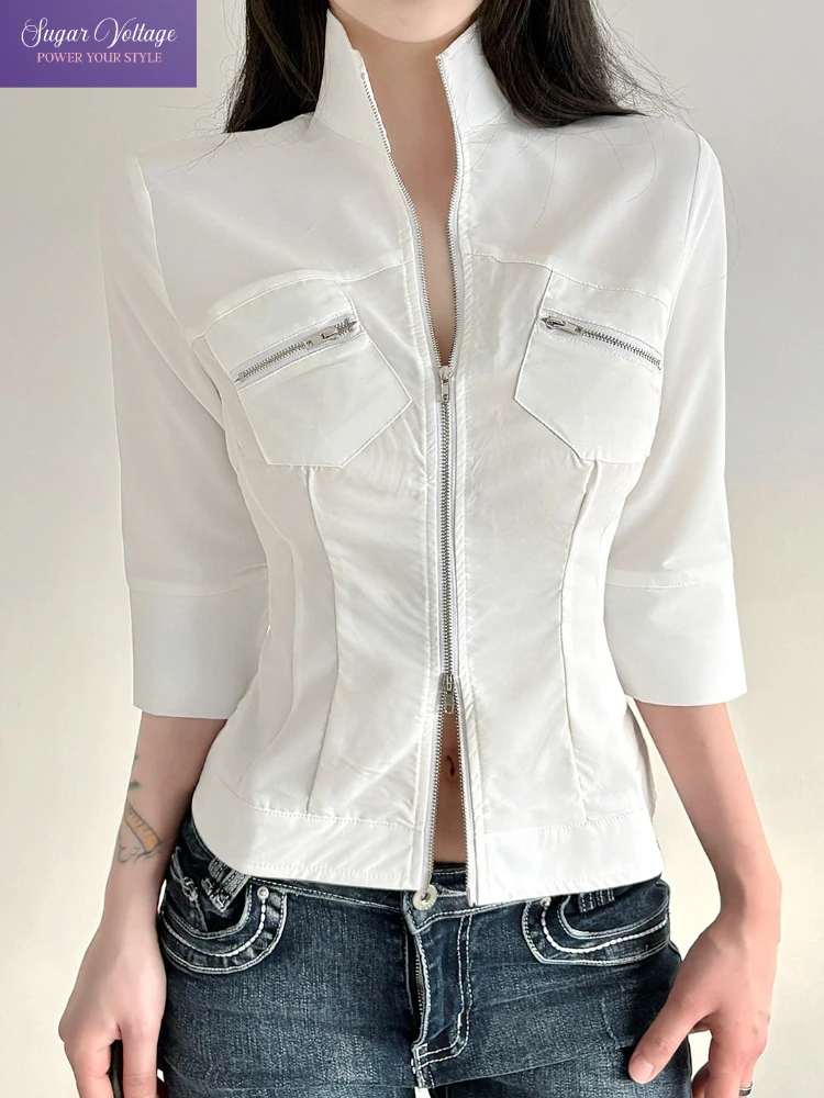 

American Vintage Elegant Fashion Jacket Women Slim Zip Up Stand Collar White Shirt Autumn Harajuku Casual Chic Streetwear Top