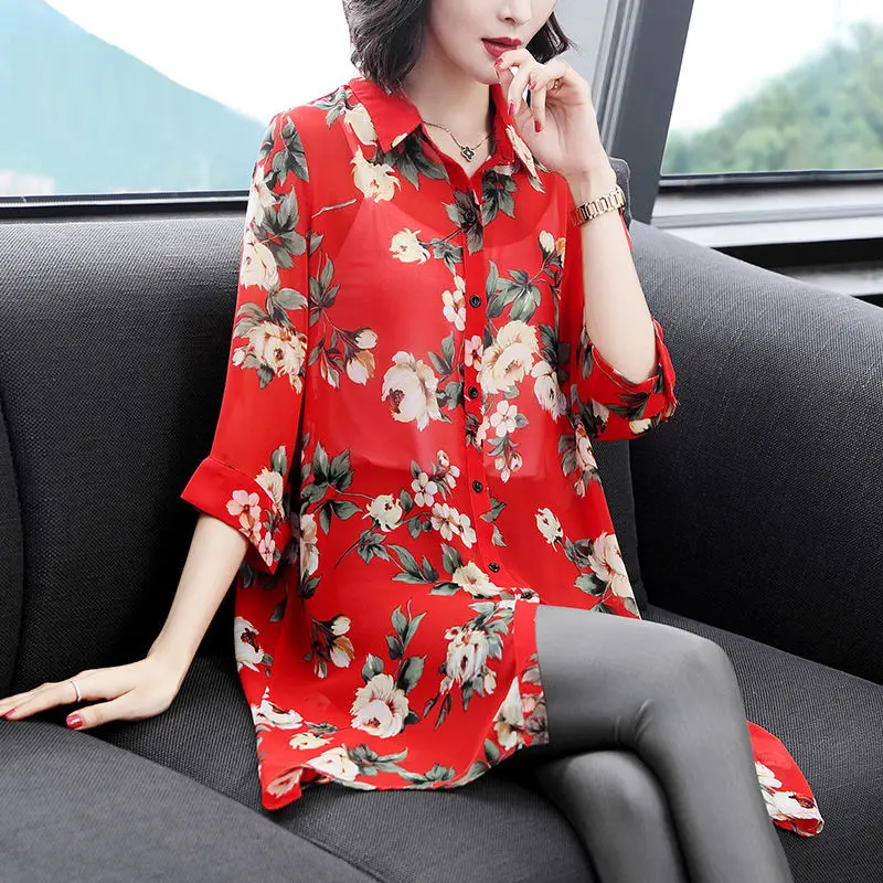 Thin Printing Elegant Korean Floral Three Quarter Sleeve Button Blouses Fashion Casual Turn-down Collar Women's Clothing 2023