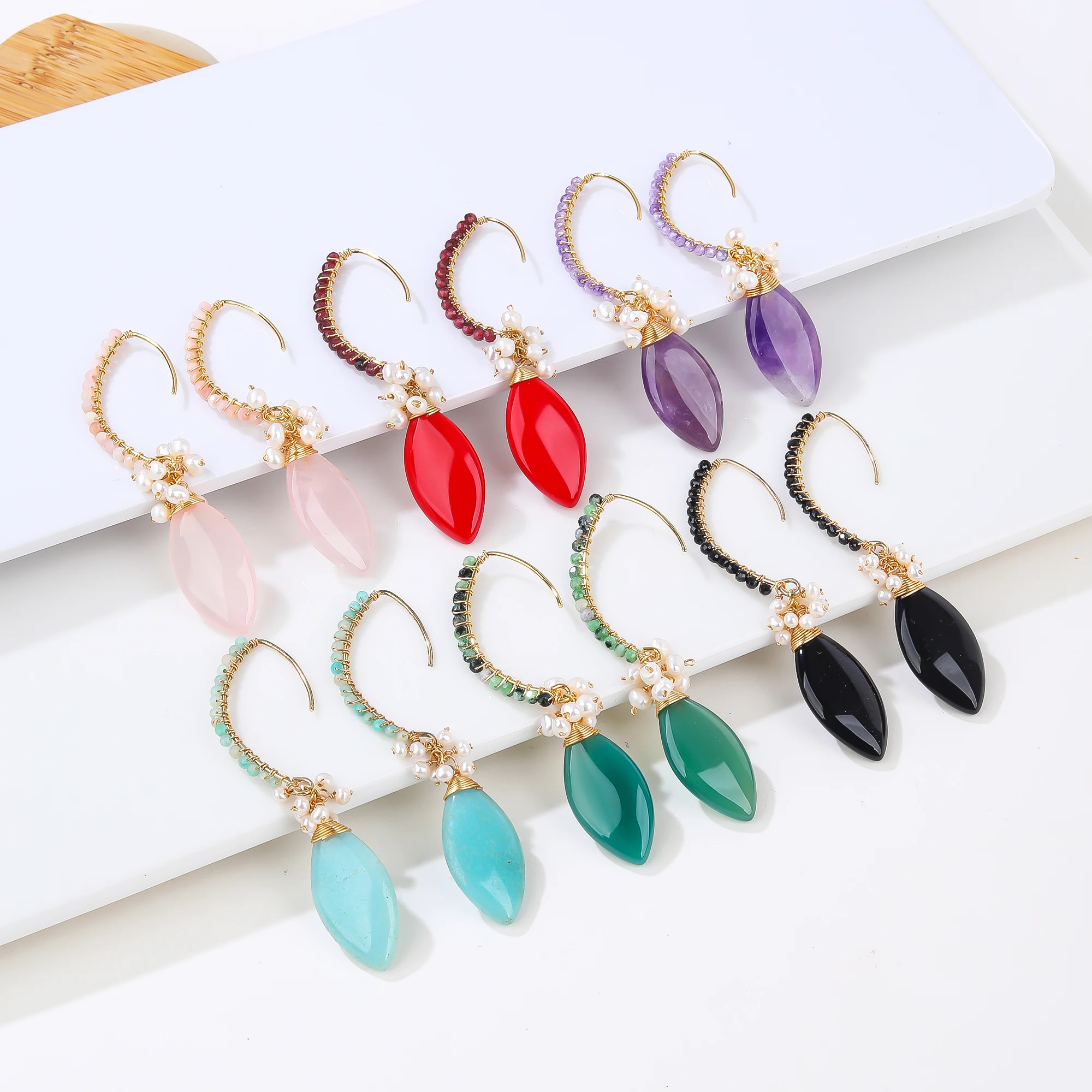 

Classic Design Natural Gemstone Hand-Wound Wire Dangle Drop Earrings