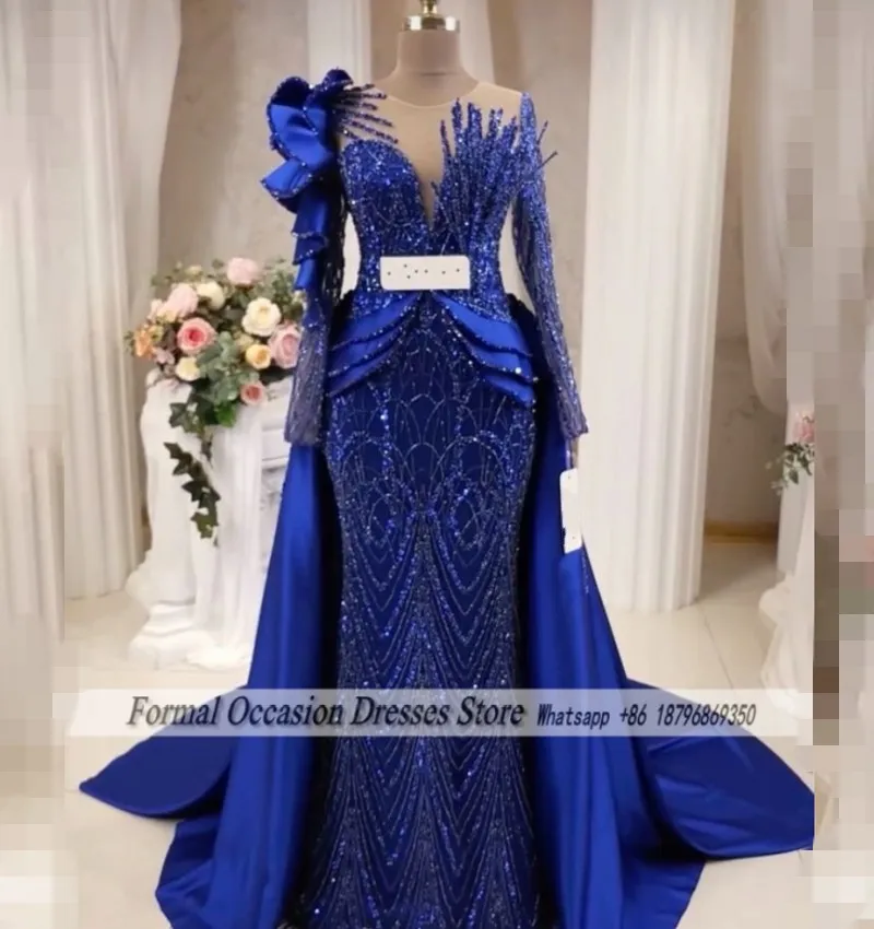 Luxury Blue Evening Dresses Detachable Train Sequin Long Sleeves Dubai Wedding Party Dress Mermaid Prom Gowns  Customizde