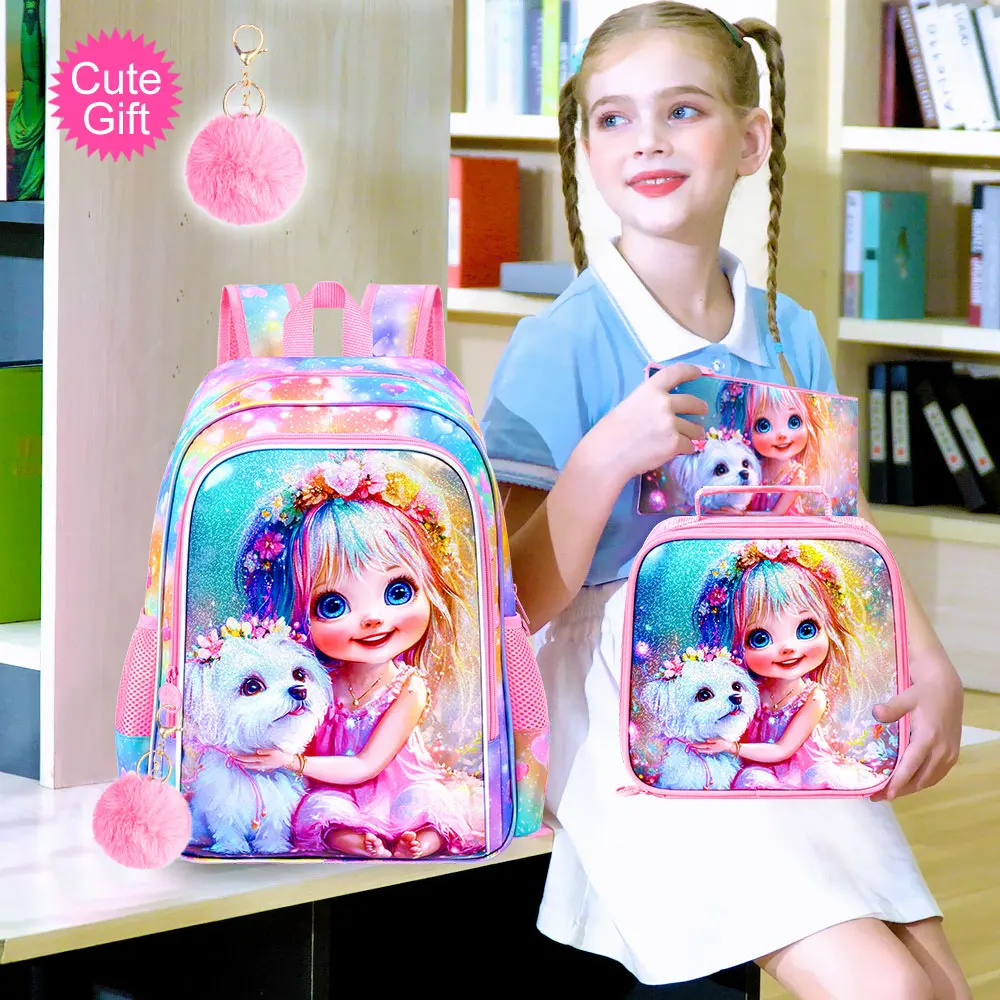 3Pcs 16 Inch Girls Backpack Set, Cute Girl & White Dog School Bag with Lunch Bag & Pencil Pouch, Lightweight Elementary Bookbag