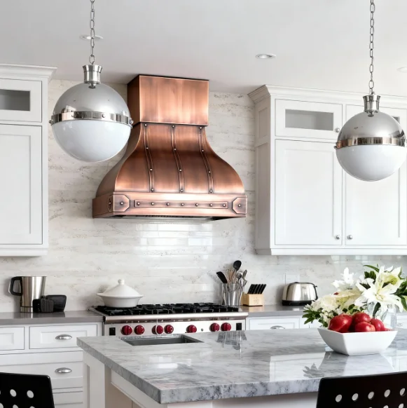 Handcrafted Curved Bell Shape Copper Range Hood with Rivets and Straps Custom Metal Kitchen Vent Hood for Farmhouse or Villa