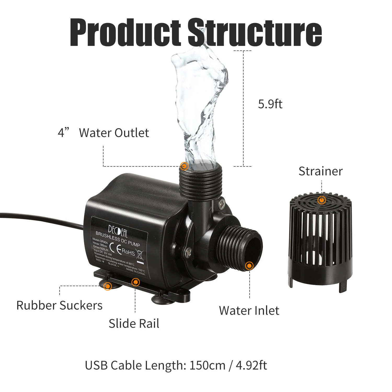 500L/H 4W 12V Aquarium Pump USB Fish Tank Submersible Water Pump Brushless Waterproof Fountain Pump