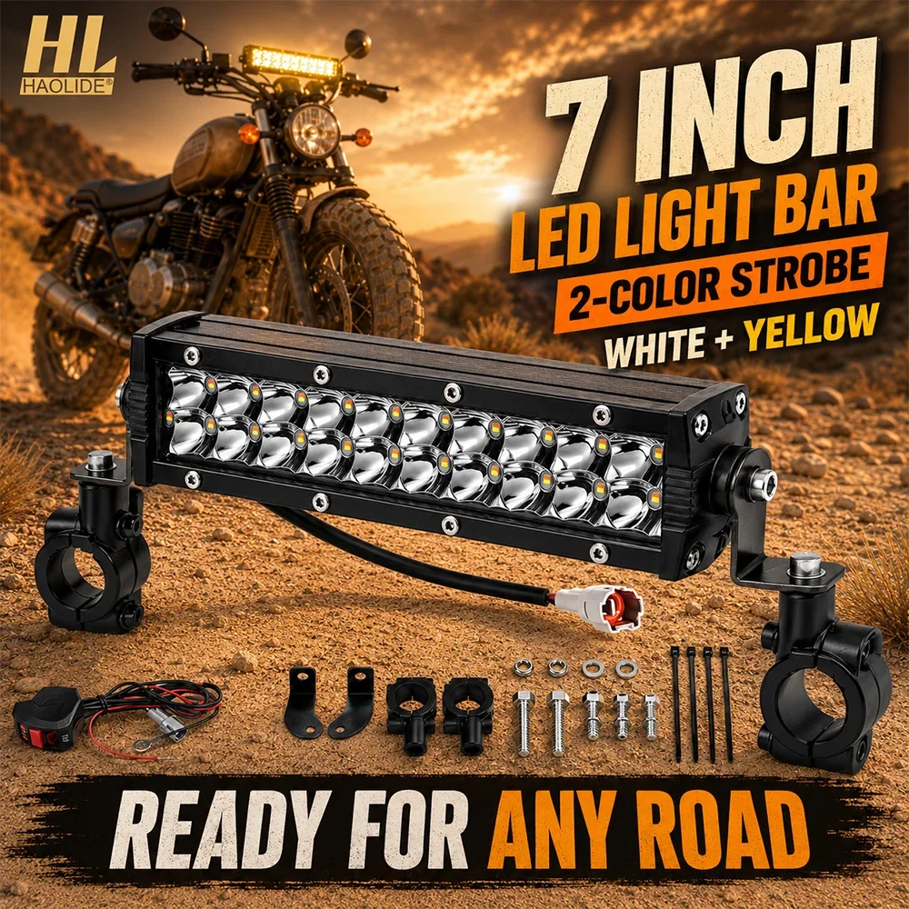 HL 7 Inch Motorcycle LED Light Bar White Yellow Strobe Flash Combo Beam IP68 Auxiliary Work Light With Handlebar off-road use