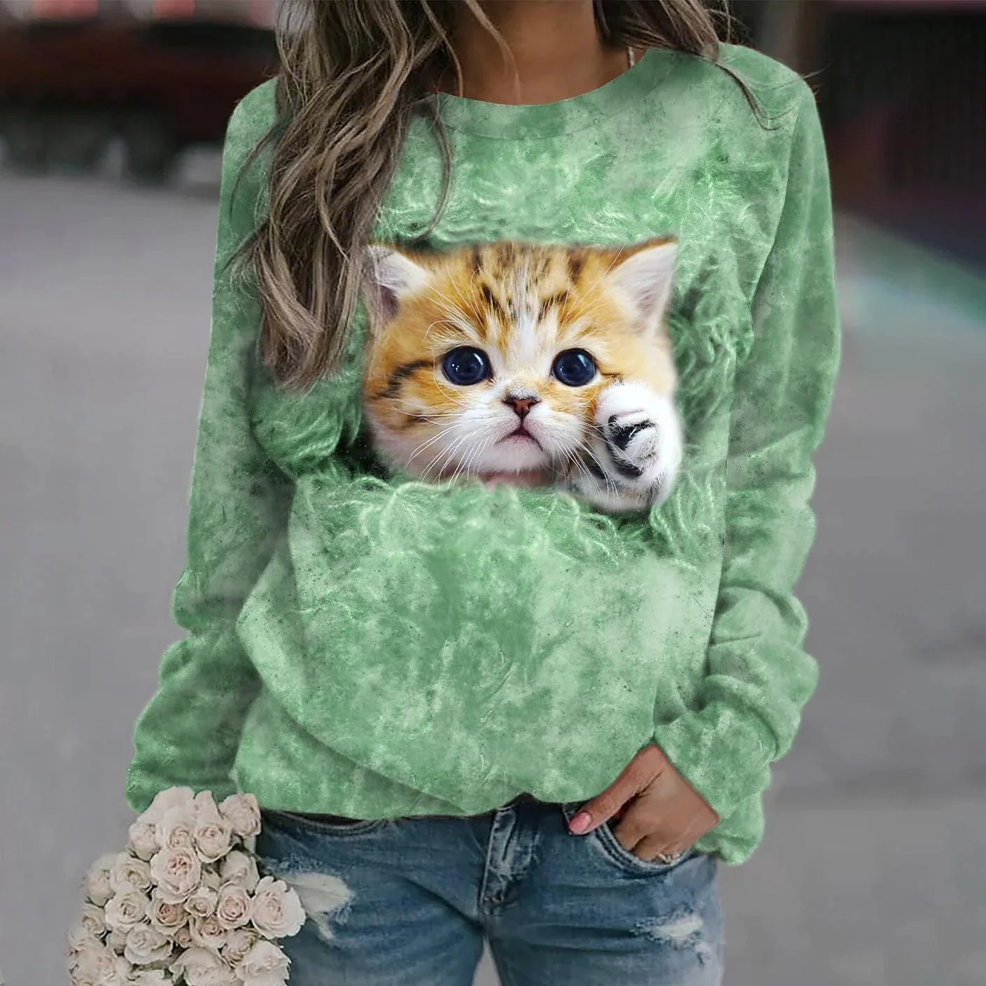 Cute Cat Sweatshirts Animal 3D Print Hoodie Women Fashion O-Neck Hoodies Streetwear Oversized Harajuku Pullover Woman Clothing