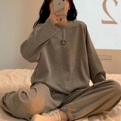 Atutmn-Conjunto de pijamas com estampa facial smiley feminino, roupa de manga comprida, roupa casual solta simples, loungewear, estilo coreano Ins