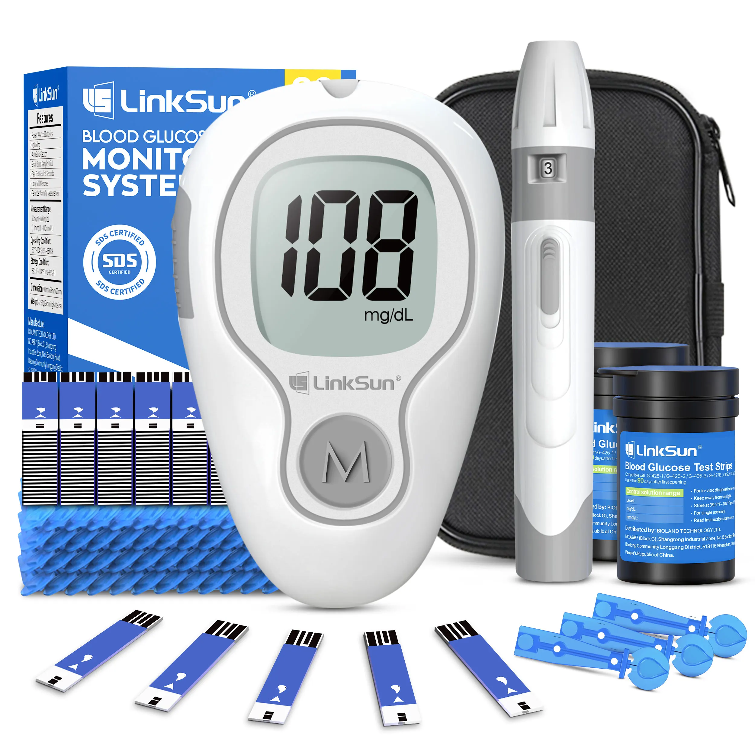 G-425-3 LinkSun Misuratore di glicemia Glucometro Kit completo Accessori per il diabete Macchina per test digitale di glucosio e zucchero nel sangue delle dita