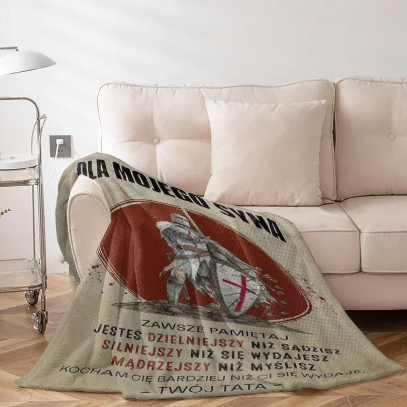 Customization Knight'S Shield With Polish Inscriptions, Digital Printed Fleece Blanket For Afternoon Naps, A Father'S Encouragem