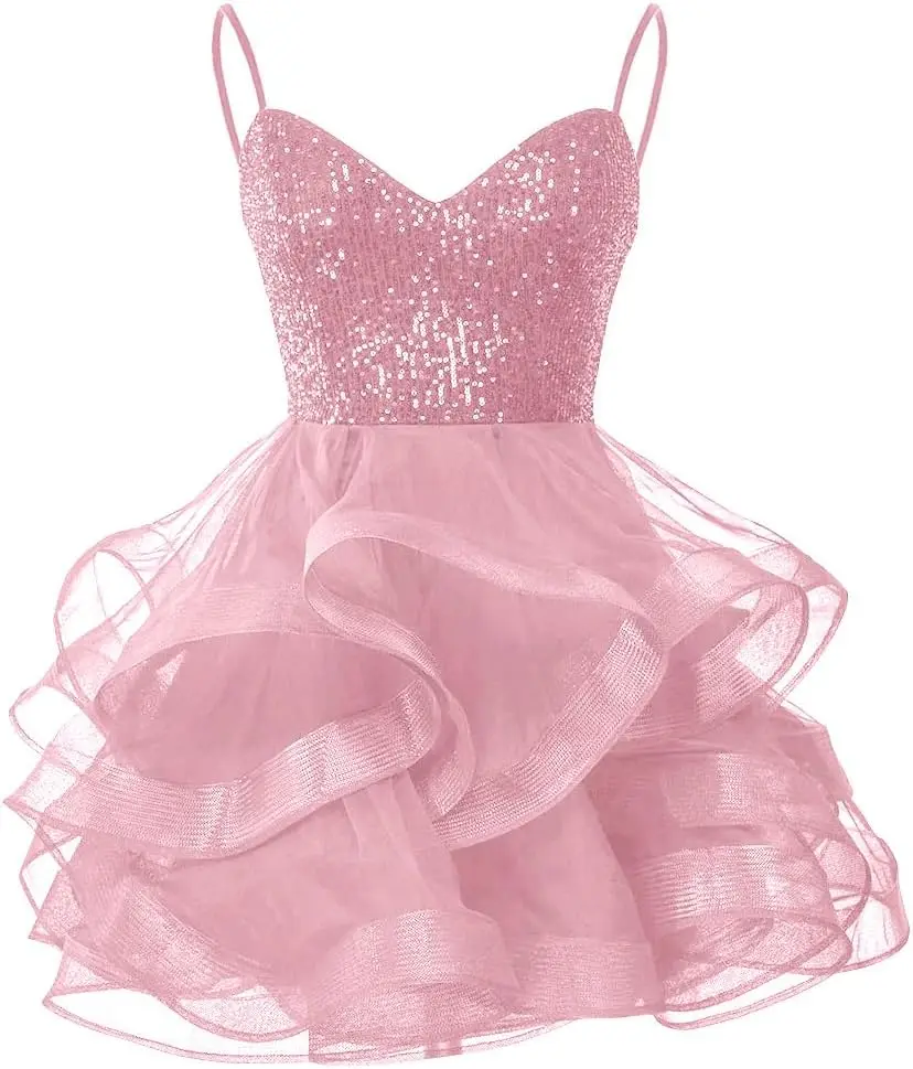 

Tulle Homecoming Dresses for Teens Spaghetti Strap Sequin Short Prom Dresses Layered Cocktail Mini Dress bridesmaid dresses
