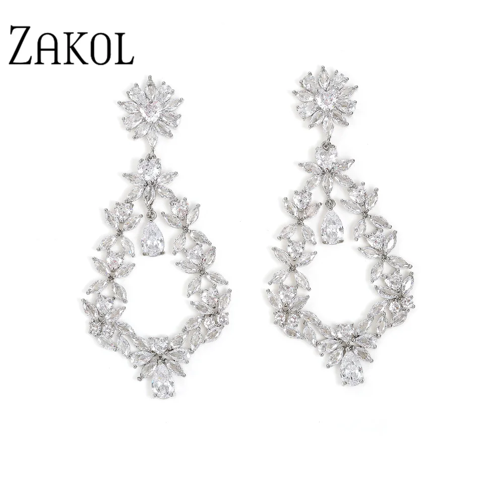 ZAKOL Exquisite AAA Cubic Zirocnia Brilliant Drop Earrings Luxury Bride Wedding Earring Fashion Party Jewelry for Women