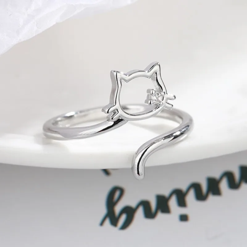 Sam Panda 925 Sterling Silver Zircon Ring For Women Delicate Hollow Out Cat Open Adjustable Engagement Jewelry Dropshipping