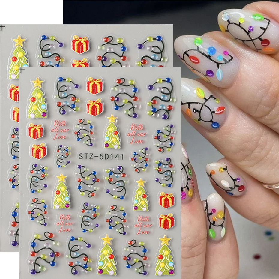 1/2 قطعة شرائط ضوء عيد الميلاد الملونة مسمار الفن ملصقات شجرة عيد الميلاد الخضراء مع الشارات هدية حمراء DIY بها بنفسك مانيكير نصائح الديكور