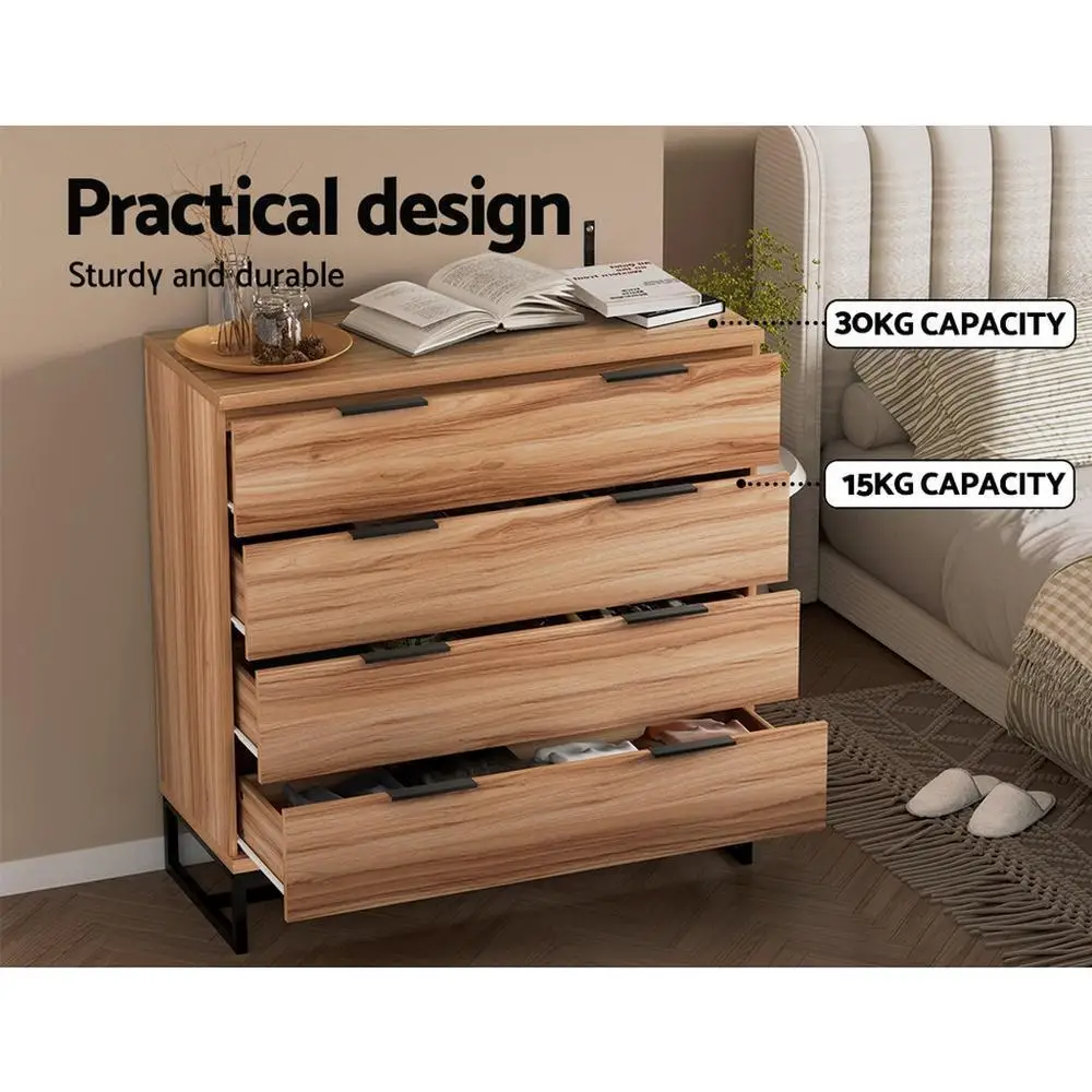 &4 Drawer Chest of Drawers Tallboy Storage Cabinet Bedroom Dresser Rustic Oak Design view 4