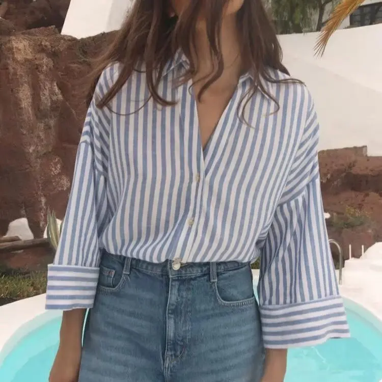 Faionable Street Sle mujer irt v-ne ancho Sve Simple combina todo todo nuevo Otoño Invierno fibra de poliéster largo Sve rayas