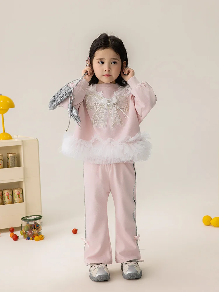 Girls' Chiffon Ruffle Hoodie Set, Lace Bow, Girls' Tracksuit, Mesh Hem Casual Set, Suitable for Ages 7-14 Girly Style