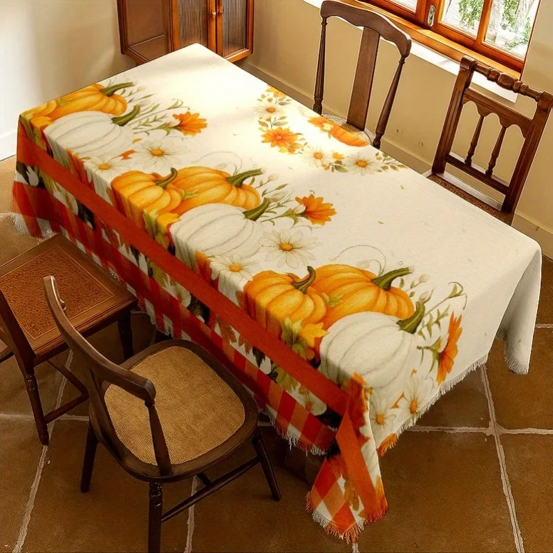 1pc Tablecloth, Soft Fashionable Aesthetic Pumpkin Daisy Pattern, Machine Washable And Easy to Clean, for Dining Table, Coffee T