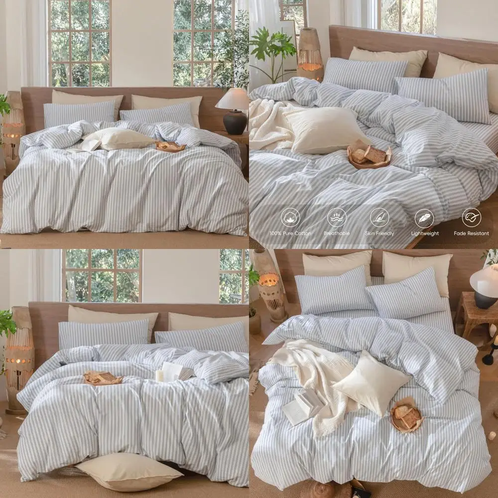 

100% Cotton Washed Linen Texture Duvet Cover Set - Breathable, Soft, Comfortable, Cornflower Blue and White Classic Style for Be