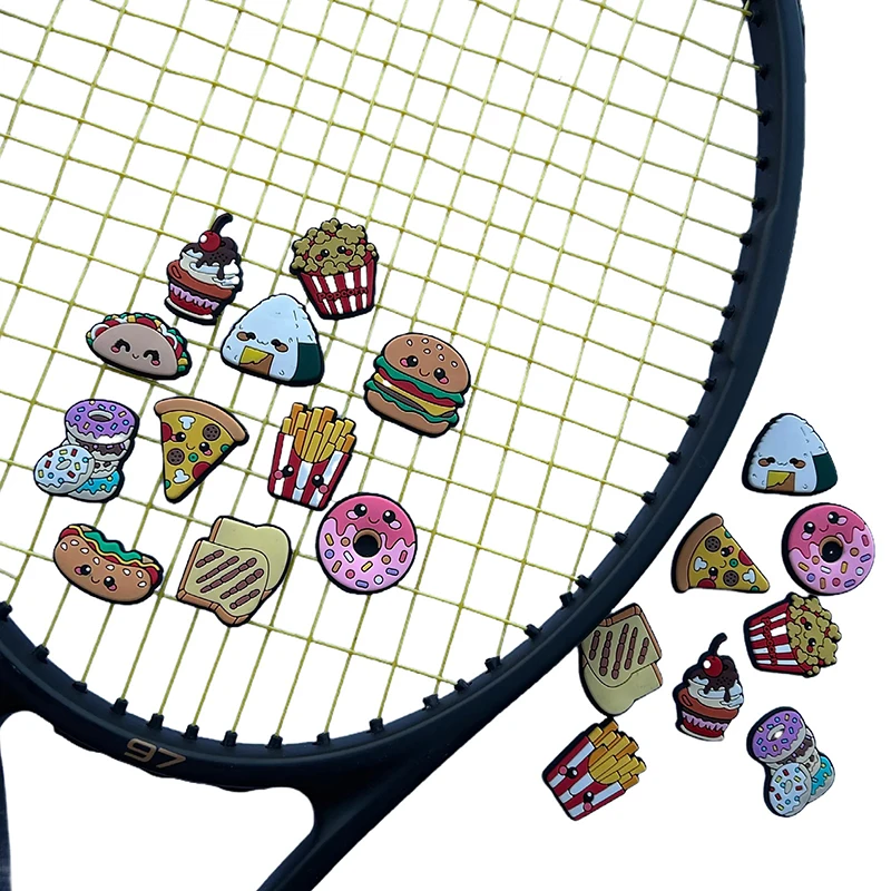 سلسلة الغذاء همبرغر مضرب تنس الاهتزاز البيتزا كوكي الخبز دونات شكل امتصاص الصدمات سيليكون مضرب تنس المرطب