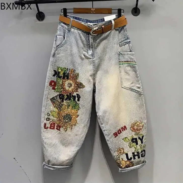 

2025 summer large size heavy industry hot diamond printing loose and thin old washed elastic waist jeans women