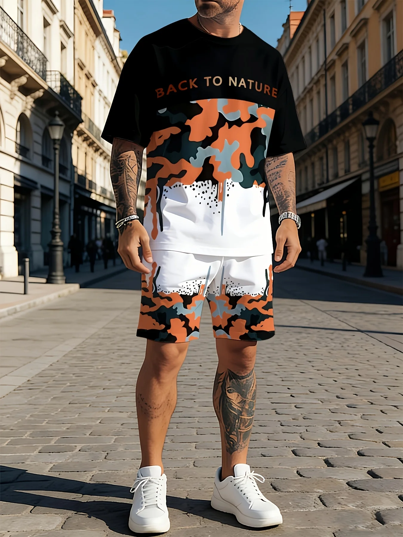 

American men's summer letter ink print comfortable breathable round neck T-shirt drawstring shorts set outdoor streetwear