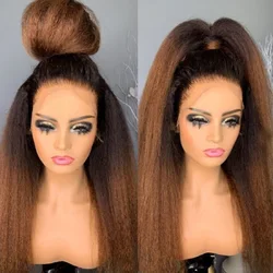 180%Density 26”Long Glueless Yaki Kinky Straight Ombre Blonde Brown Lace Front Wig For Women With Baby Hair Synthetic Preplucked