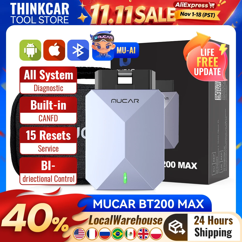 MUCAR BT200 MAX AI Diagnostic Tools CANFD ELM327 Prototol Full System OBD2 Scanner 15 Resets Lifetime Free Update VS BT200 PRO