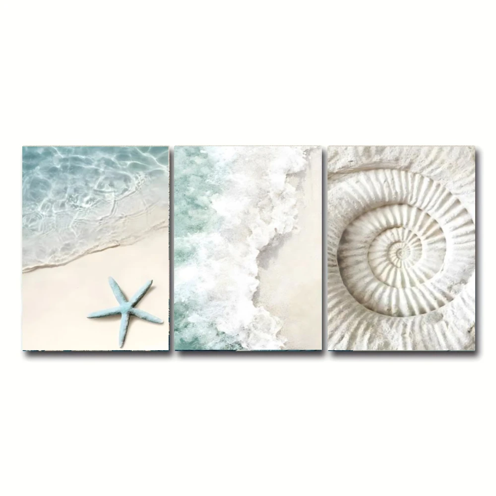 Nordic 3‑Piece Framed Wall Hanging, HD Canvas Print of Ocean Shell & Starfish Pattern, Wall Art for Bedroom Headboard