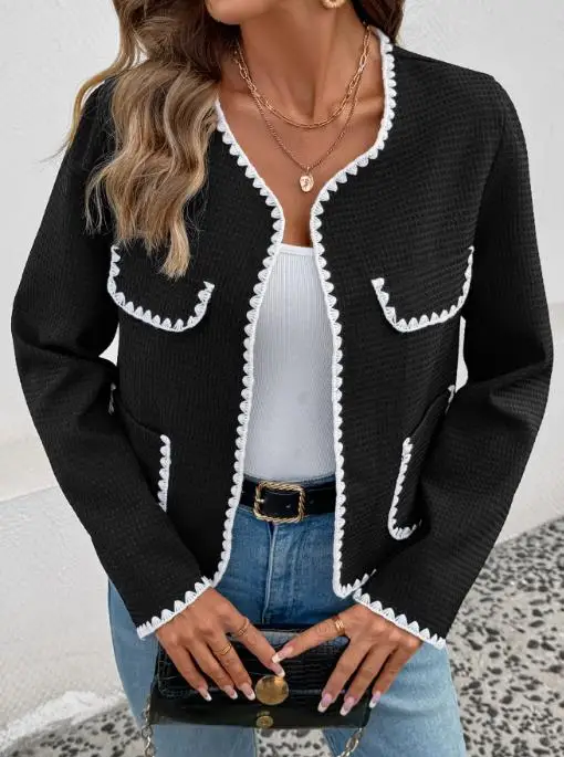 

Casual Small Fragrance Women's V-Neck Trimmed Buttonless Jacket Autumn New Fashion Slim Fit Contrasting Splicing Short Jacket