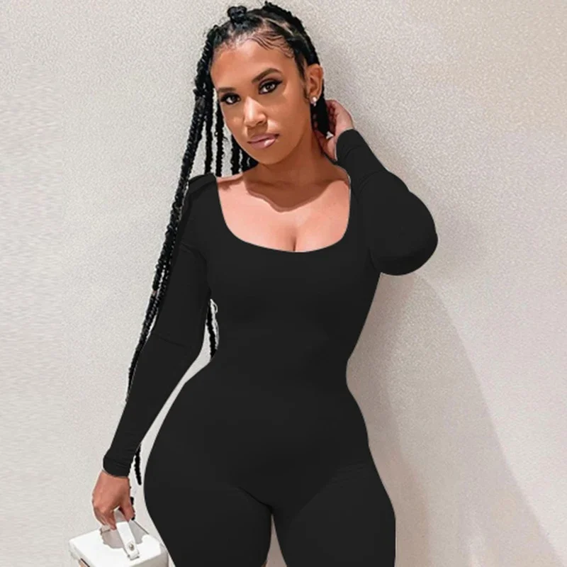 Women Solid Color Ribbed Knit Long Sleeve Jumpsuit  Square Neck Bodycon Skinny Jumpsuit  Romper Work Out Sport Yoga Playsuits