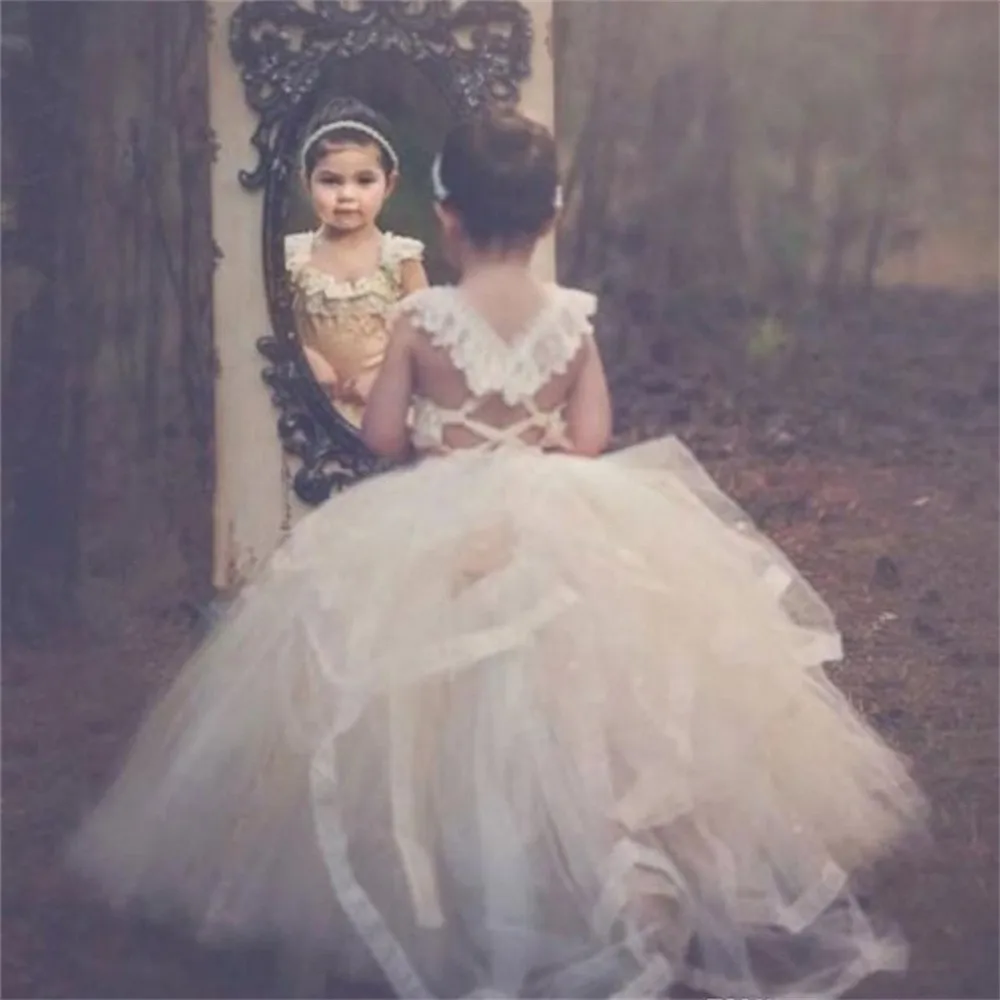 

Tulle Fluffy Appliqués Flower Girl Dresses For Wedding Floor Length Ball Gown Junior Bridesmaid Dress For Princess Formal Wear