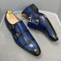 Luxury Classic Mens Wedding Dress Shoes Black Blue Real Cow Leather Monk Buckle Strap Pointed Toe Oxford Loafer Shoes for Men