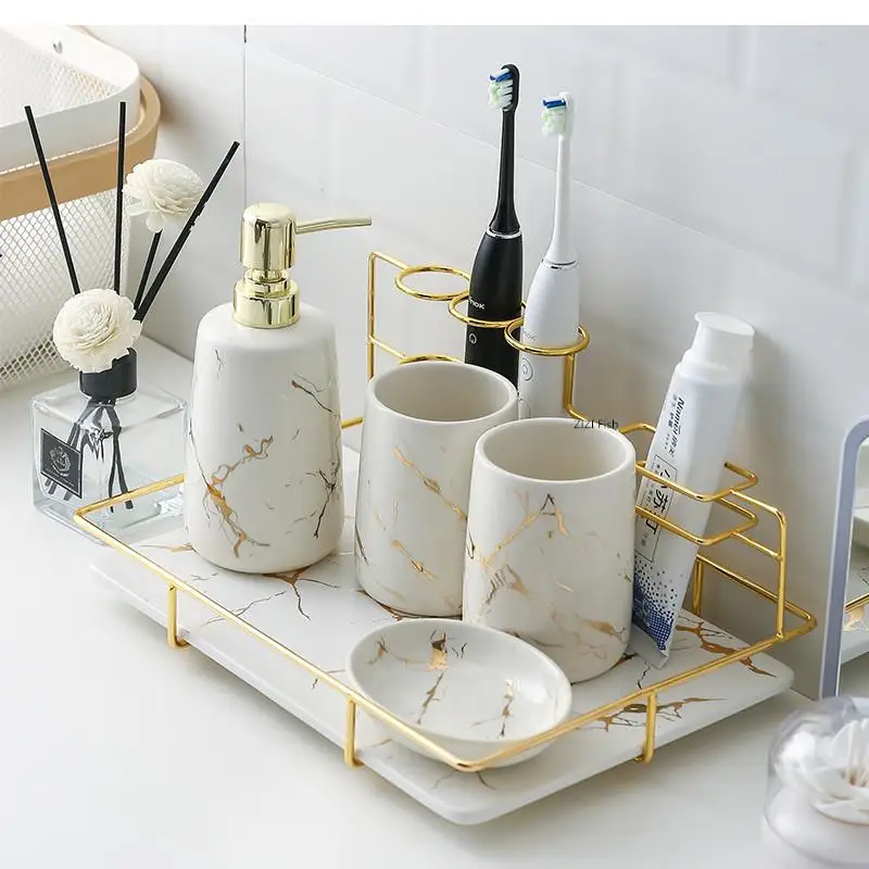 Ceramic Bathroom Products Toothbrush Holder Platinum Marble Texture Lotion Bottle, Soap Box Rack Decoration Accessories