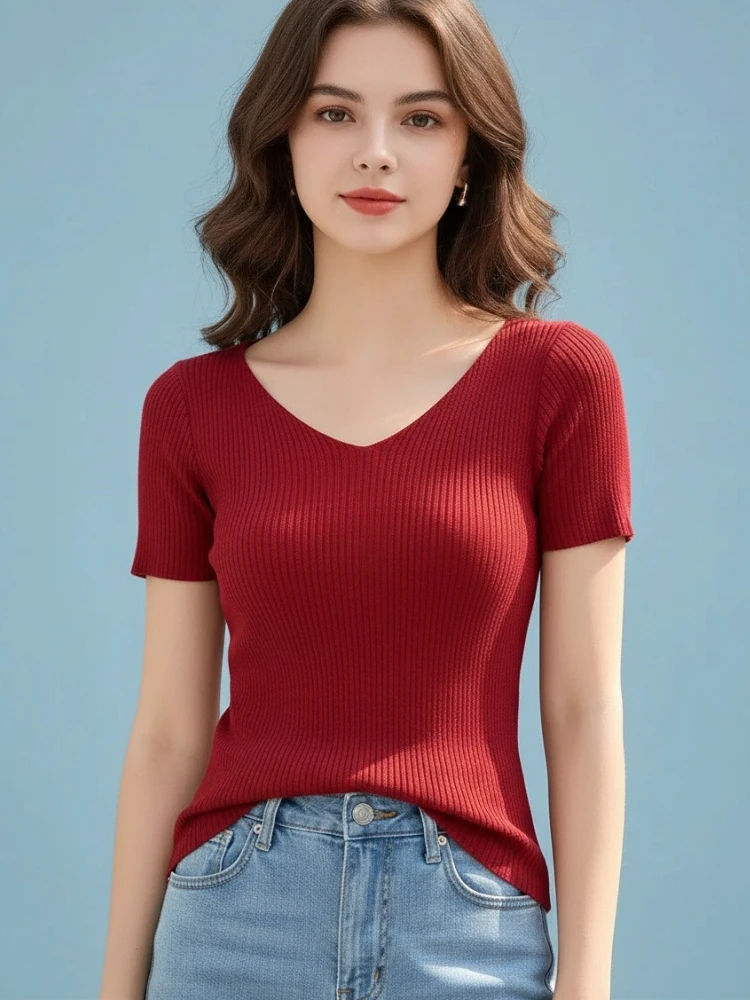 

Женский вязаный свитер Zjaiss с ребристой вязкой, лето 2026, базовый, с V-образным вырезом, однотонный, тонкий, женский пуловер, облегающий, с коротким рукавом, свитер-боди