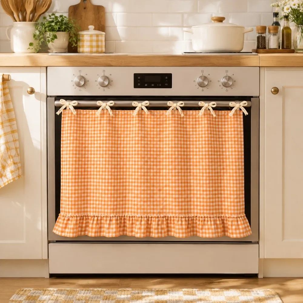 Durable Xmas Oven Decor Curtain Printed Pattern Ribbon Ties Appliance Cover Christmas Tree Plaid