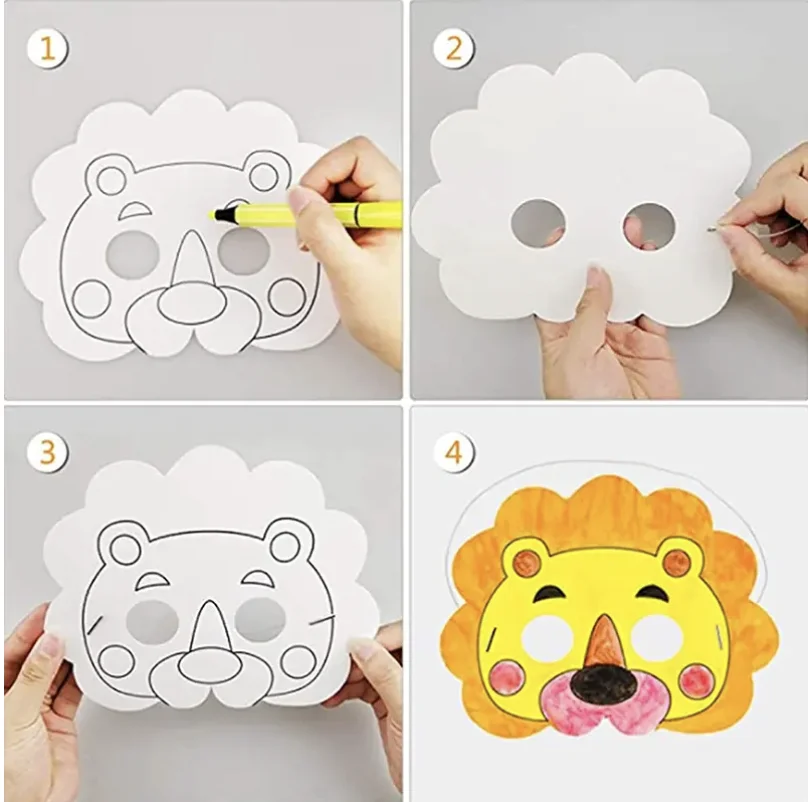 หน้ากากวาดภาพลายการ์ตูนสัตว์สำหรับเด็ก 8 ชิ้น ชุดระบายสี DIY งานศิลปะสำหรับเด็กอนุบาล กระดานวาดภาพ ของเล่นสร้างสรรค์