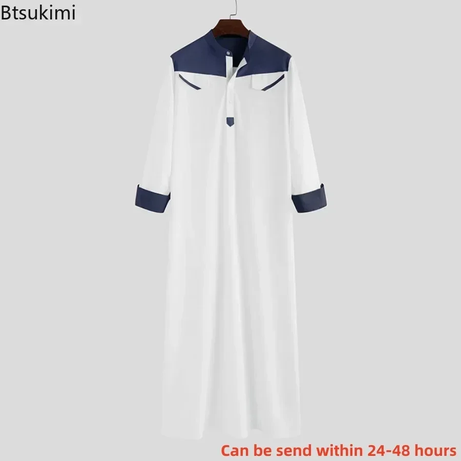 2024 Muslim Thobe Comfortable Men Caftan Long Sleeve Contrast Color Muslim Clothing Mandarin Neck Muslim Robe for Middle East