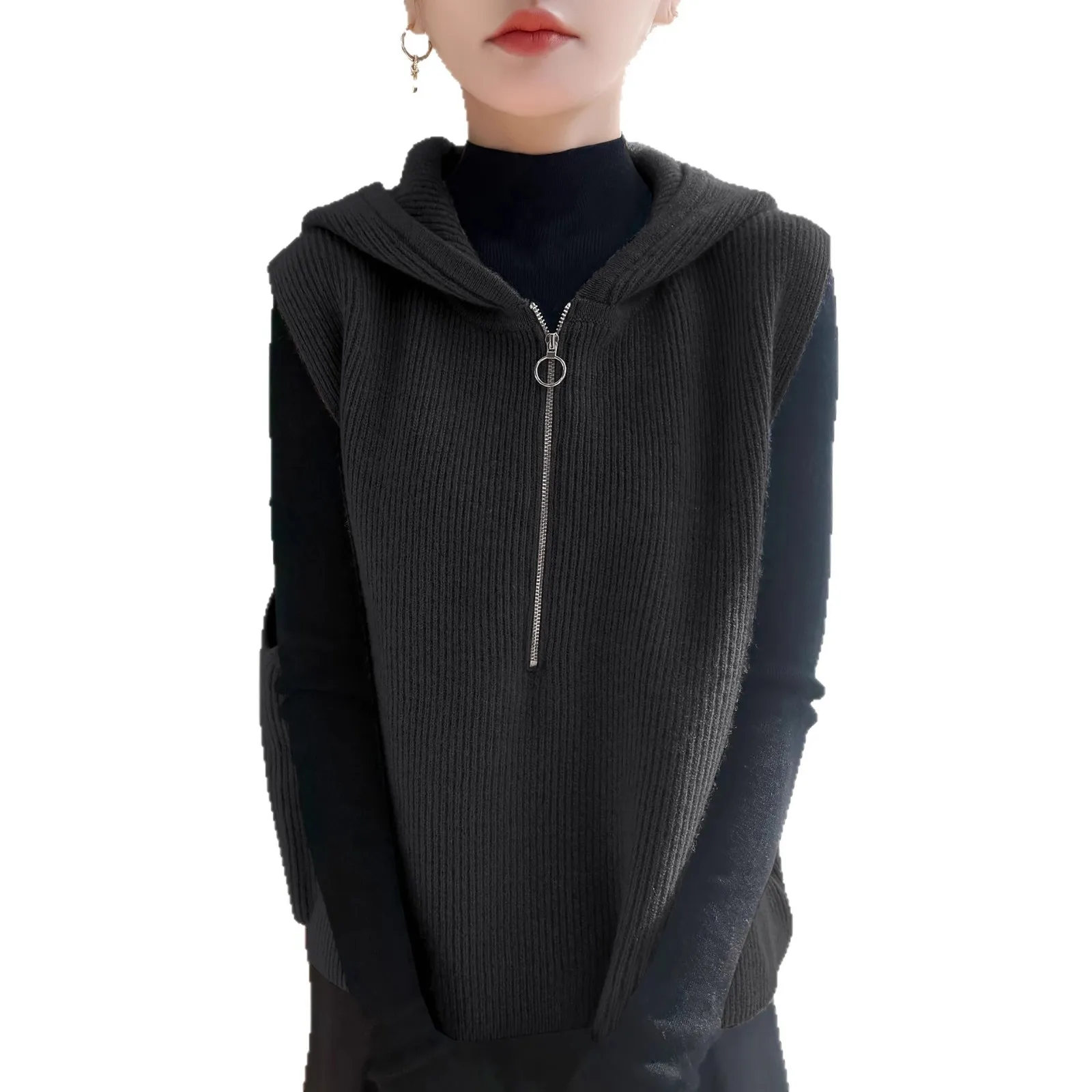 Damska kamizelka swetrowa z zamkiem błyskawicznym, z kapturem, ciepła, jesienno-zimowa, dzianinowa kamizelka, modna, luźna, koreańska, gruba kamizelka swetrowa, codzienna odzież wierzchnia.