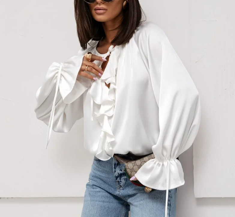 Women's Commuting Blouses 2025 Spring Summer Latest Sweet Versatile Ruffle Flared Sleeve V-Neck Lace Up Shirt Solid Color Top