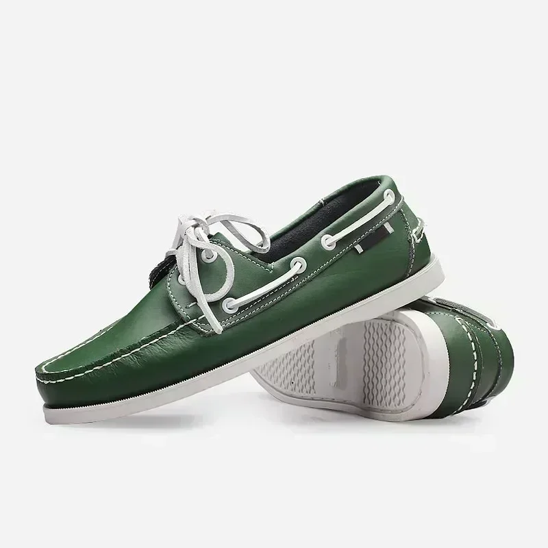 2024 Men Genuine Leather Classic Docksides Boat Shoes Mocassins Handmade Shoes Mens Casual Non-Slip Rubber Outsoles