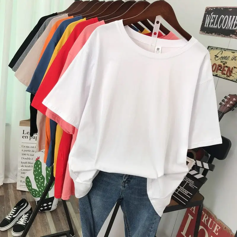 Extra Large Size 300 Pounds Solid Color T-shirt for Women\'s Summer Casual Simply Loose Slimming Belly Covering Pure Cotton Top