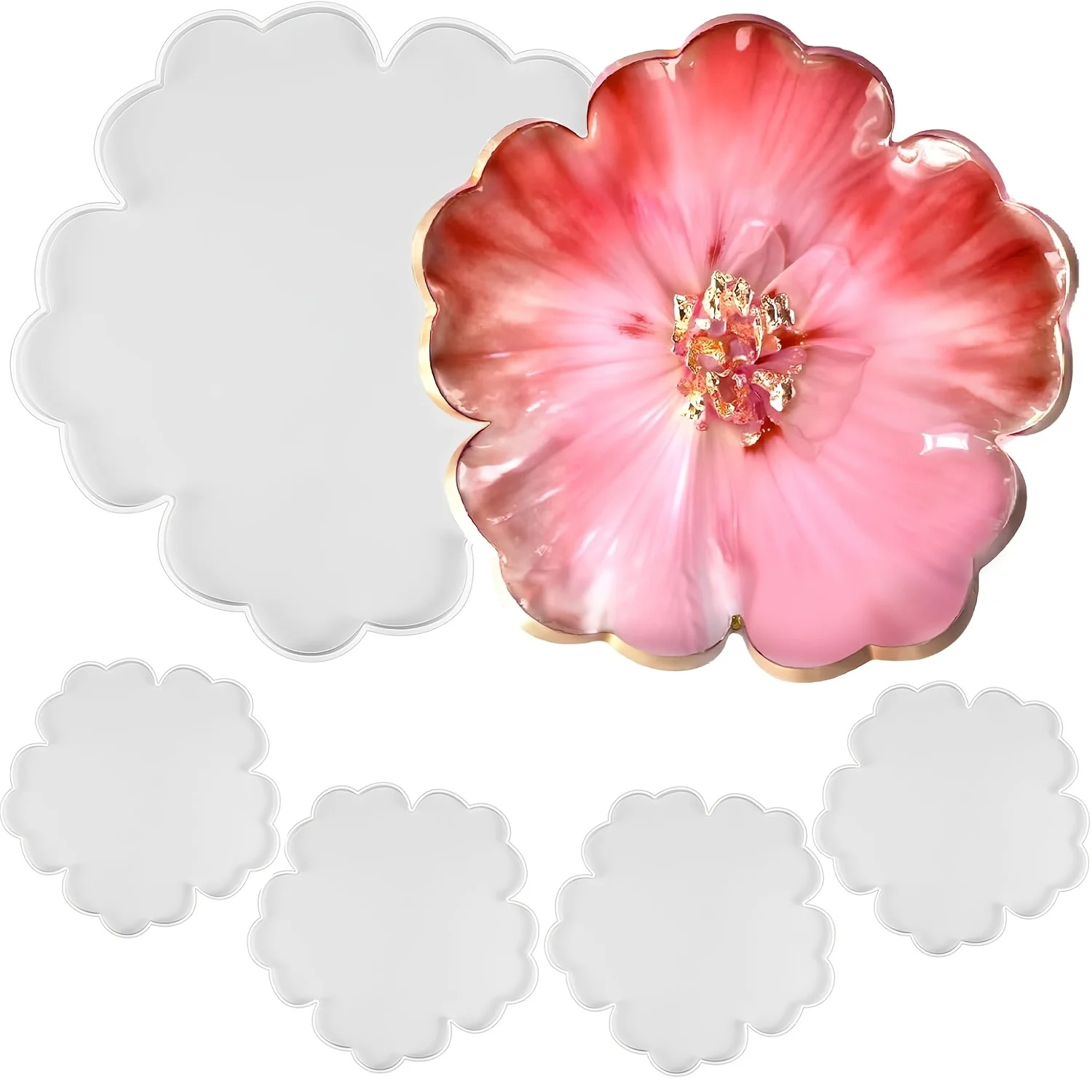 Large Floral Coaster Resin Molds, 1 Large Piece +4 Small Silicone Flower-Shaped Coaster Molds, DIY Resin Coasters, Home Decor