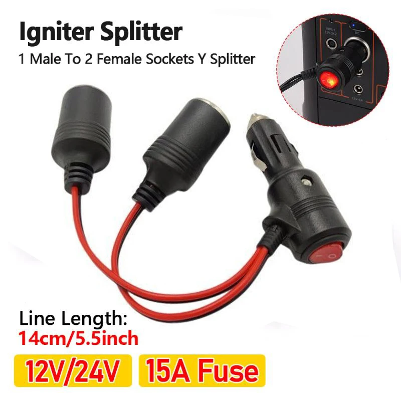 Universal Cigarette Lighter Splitter Adapter with On Off Switch Car Cigarette Lighter 1 Male To 2 Female Sockets Y Splitter