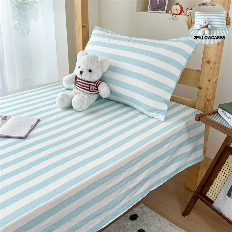 Ultra Soft Pre-Washed Bed Flat Sheet and Pillowcase Set Stripe Style Hypoallergenic Cozy,Customizable Size