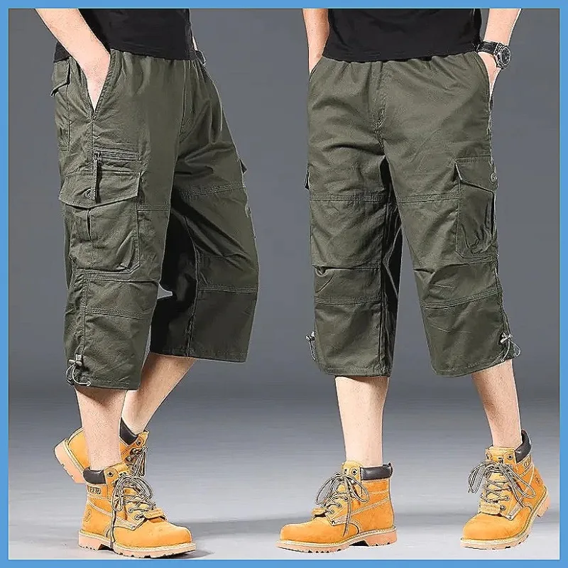 Men's Summer Cargo Shorts Below Knee Loose Fit Elastic Waist Plus Size Multi-Pocket Outdoor Hiking Camping Tactical Casual