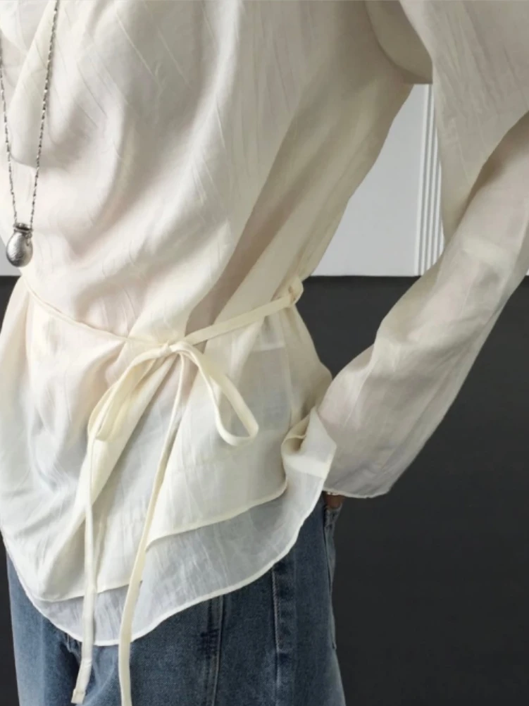 Dames kraag overhemd stropdas taille chique top Franse stijl losse pasvorm lange mouw pure kleur herfstmode blouse